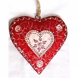 malované plechové srdce červené 18cm, plechové srdíčko závěsné červené malované 