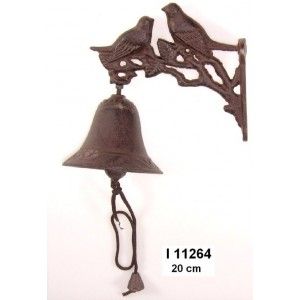 litinový ZVONEK s držákem HNĚDÝ, 2 PTÁCI 20CM, dekorace z litiny zvonek na chalupu stodolu , dekorativní zvon se závěsem na zeď 